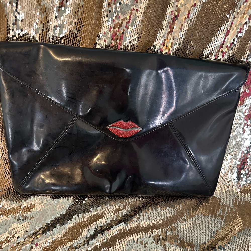 Kirna Zabete Black Clutch with Red Lip Detail